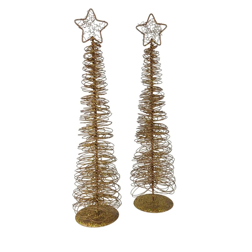 Gold Wire Christmas Trees Embellished With Glitter And Stars On Top Set Of 2